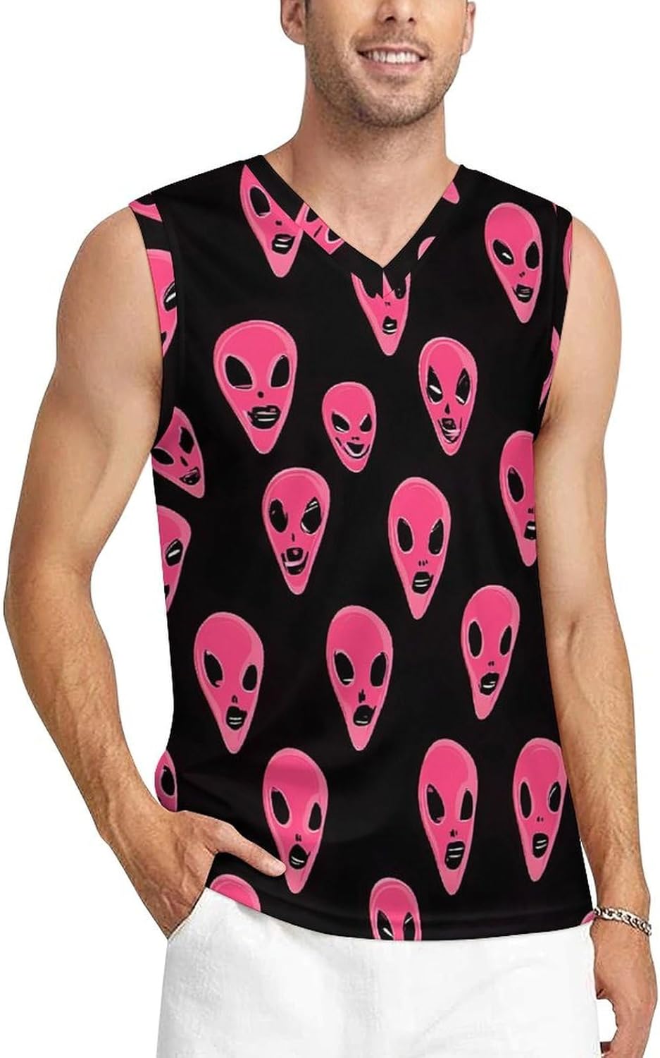 Aliens Heads Men's V-Neck Basketball Tank Top Sleeveless Workout Tank Shirts Gym Fitness Tees Vest