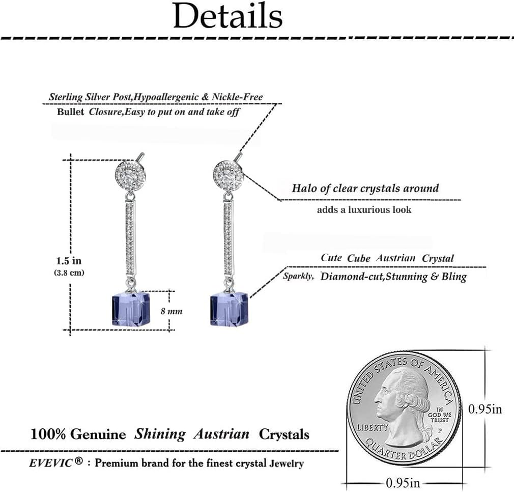 Cube Austrian Crystal Drop Long Dangle Earrings for Women 925 Sterling Silver Post Hypoallergenic Jewelry - Image 4