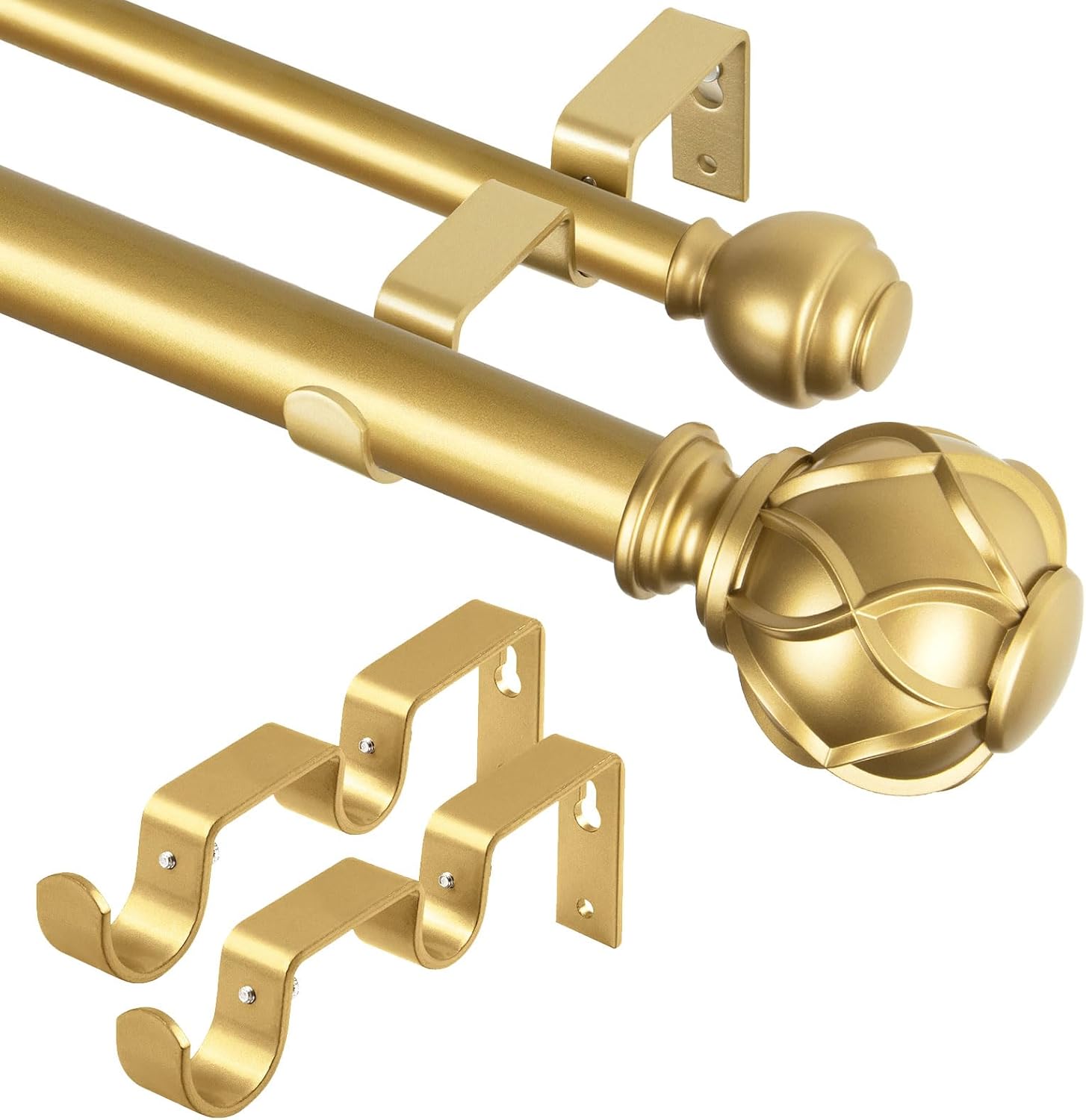 KAMANINA Bundle of 36-72 Inches (3-6 Feet) Double Curtain Rod and Matched Brackets, Netted Texture Finials, Warm Gold