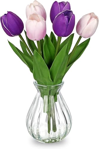 Faux Tulips Flowers Floral Arrangement - 6 Stems Artificial Flowers with Clear Glass Vase with Faux Water 12.5" Purple & Pink Bi-Color Fake Tulips Bouquet Centerpiece for Table Home Office Decor