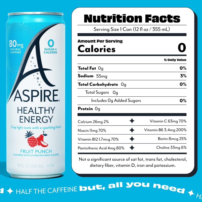 ASPIRE® Fruit Punch, Healthy Energy Drink 80mg Natural Caffeine, Zero Sugar No Carbs Keto Friendly, 24 Pack Green Tea Sugar Free Drink Low Caffeine Zero Calorie - Image 2