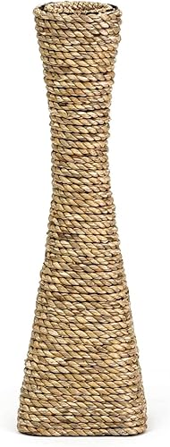 Miniatura 5 de Leewadee Jarrón grande de mimbre Soporte para flores hecho a mano de bambú y basta, sofisticado embudo para ramas decorativas, 16 pulgadas, crudo