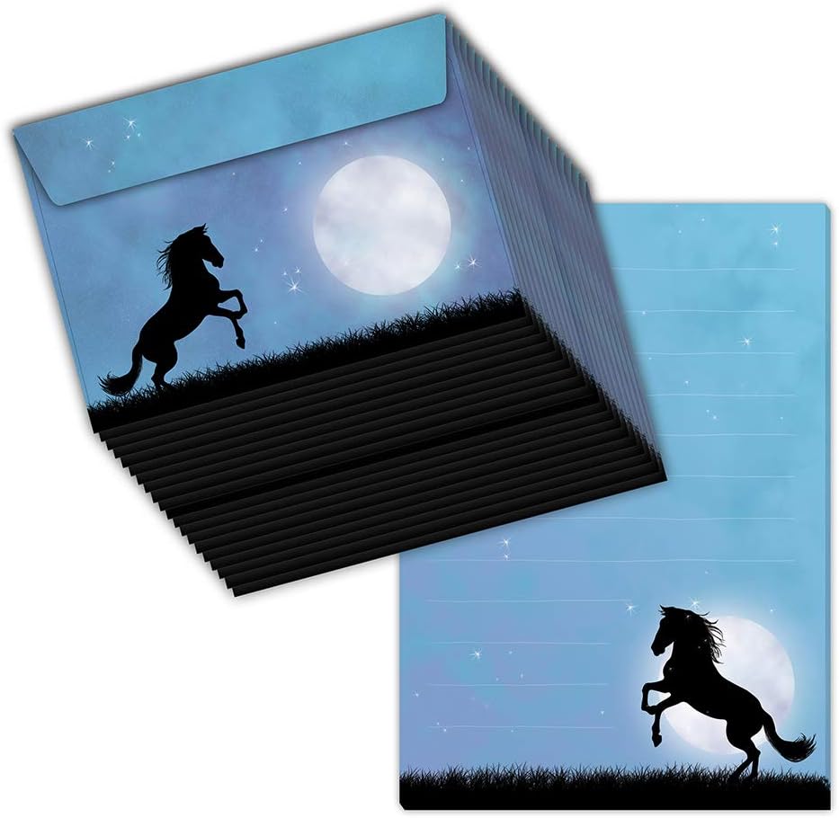 Letter Writing Paper/Pad Set ‘Horse in The Moonlight’, DIN A5 Lined Paper, 50 Sheets, Includes 20 Matching Envelopes (not Boxed)