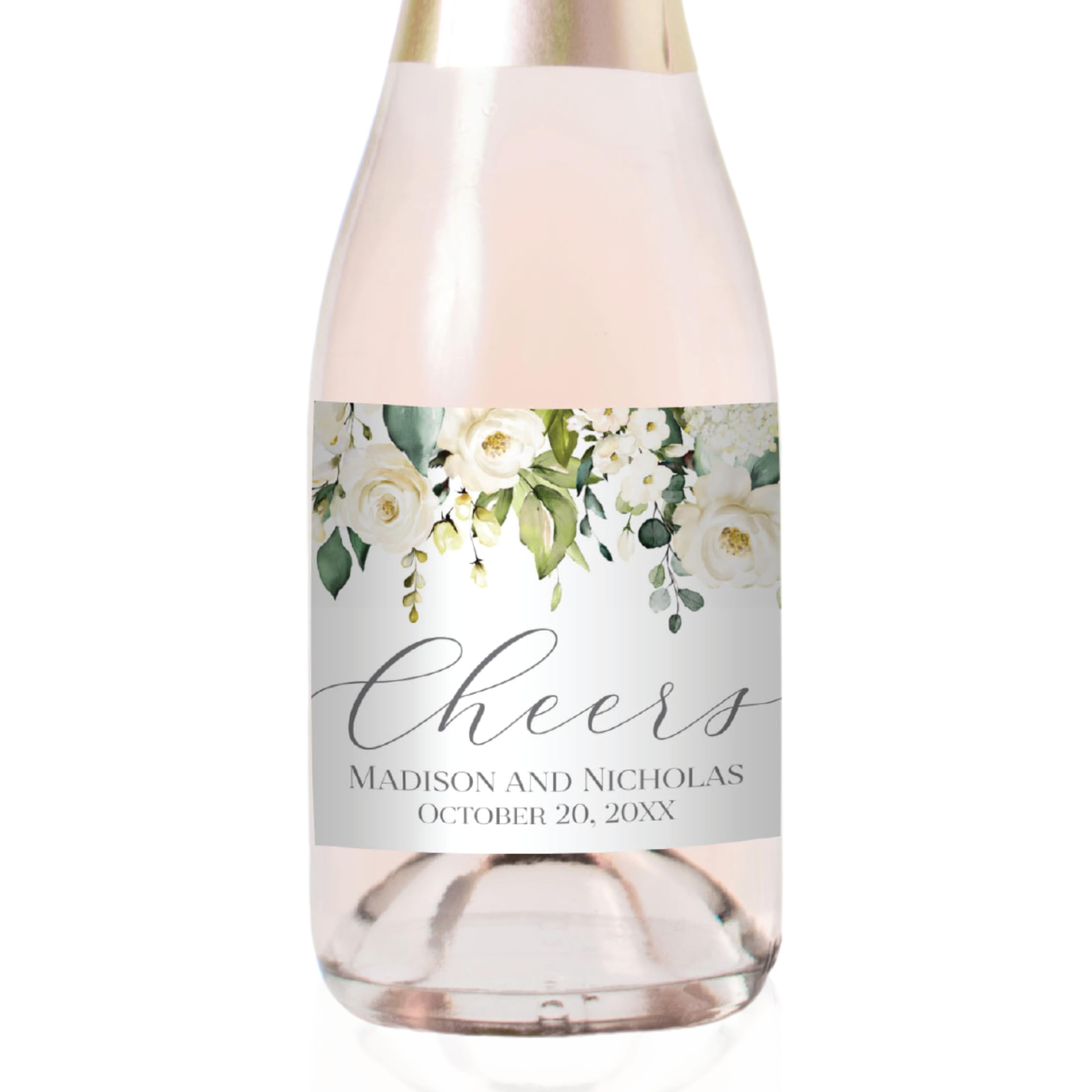 Personalized Labels for Mini Champagne Bottles with Your Choice of 30 Flower Styles - Choose Font and One of Six Pre-Made Phrases or Custom - LABELS