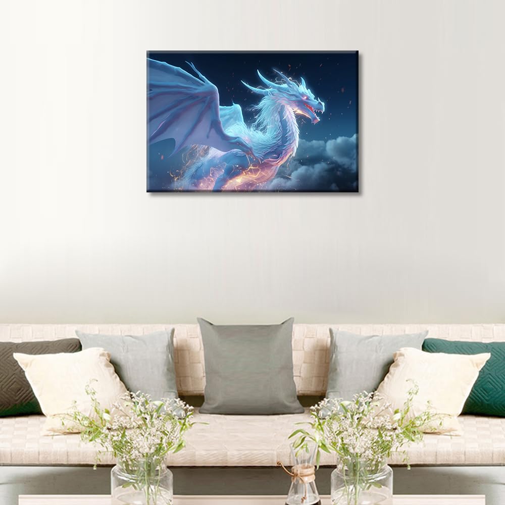 1 Pieces White Dragon Bedroom Wall Decor Dragon Canvas Paintings Posters for Room Aesthetic Mythical Creatures House Decorations Giclee Wooden Framed Gallery-Wrapped Ready to Hang (16"Wx24"H) - Image 4