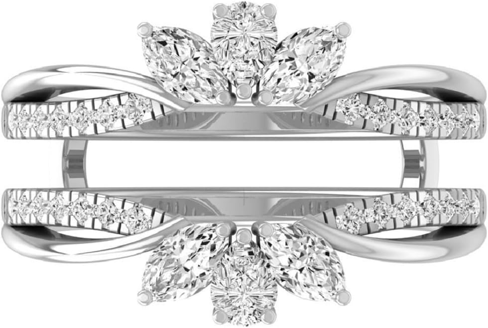 925 Sterling Silver Marquise & Round Cut White Diamond Double Row Fashion Engagement Wedding Enhancer Wrap Ring Guard for Women's In 14K White Gold Finish