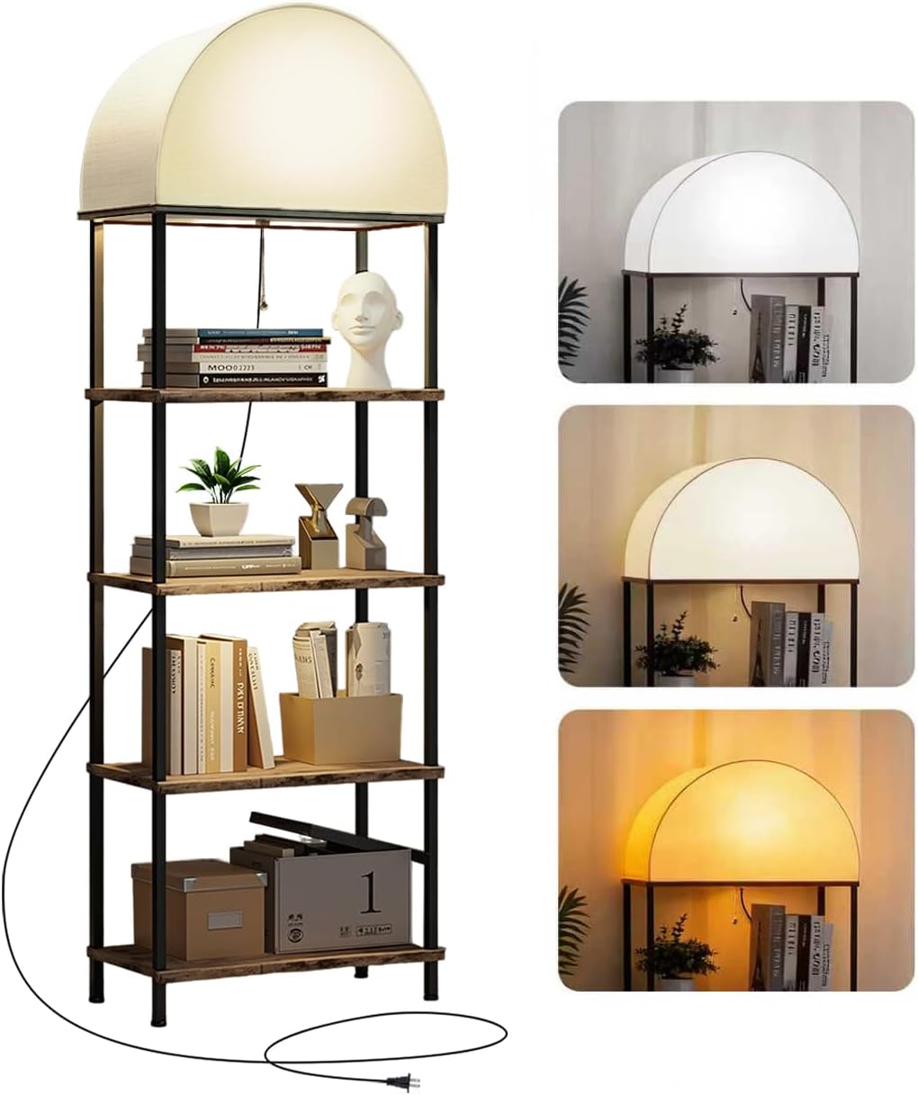 Lighted Arched Bookshelf, 4 Tier Arch Bookcase with Lights, Tall Book Shelf for Ornaments/CDs, Display Storage Shelves for Bedroom/Living Room/Home/Office, Rustic Brown