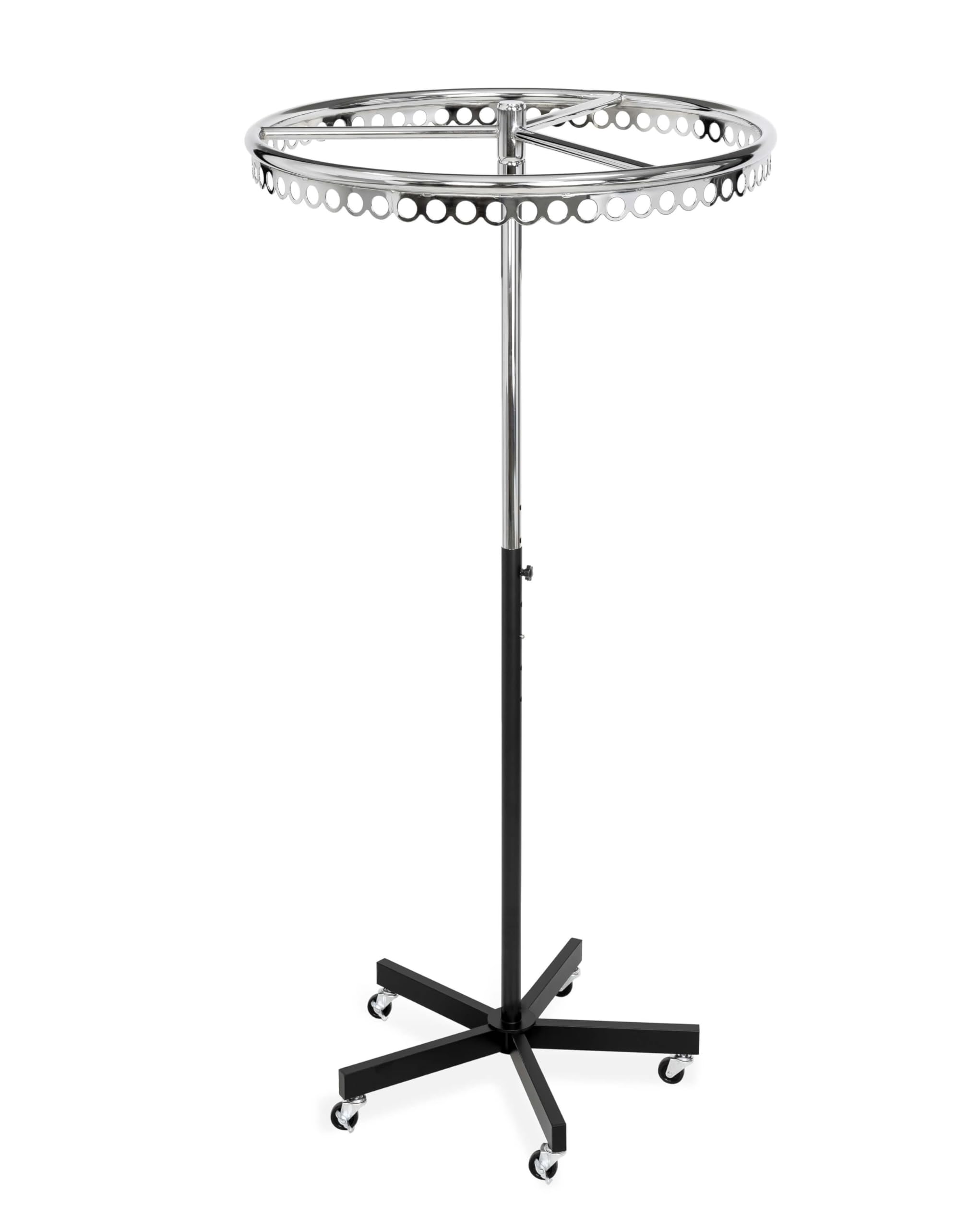 goodsforbusiness GmbH Kleiderständer rund rollbar schwarz, höhenverstellbar 117–182 cm, Rundständer Ring 76 cm, Ringständer Gestell schwarz, Ring verchromt 77 Ringlöcher