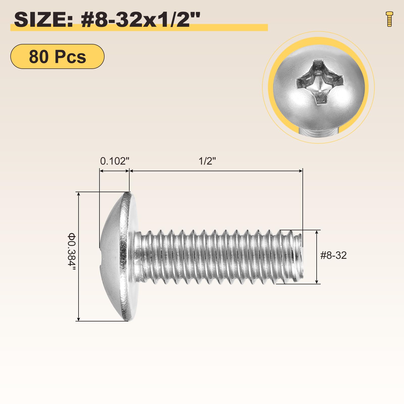 METALLIXITY Machine Screws Phillips Head(#8-32x1/2") 80Pcs, 304 Stainless Steel Round Head Phillips Drive Furniture Bolts - Image 2