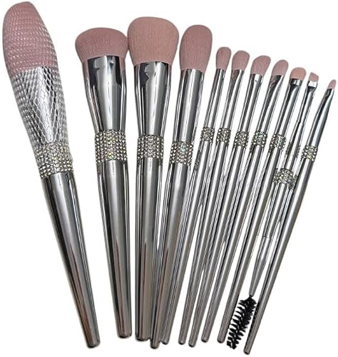 11-Piece Luxury Crystal Makeup Brush Set, Soft Pink Bristles with Silver Rhinestone Handles, Includes Spoolie