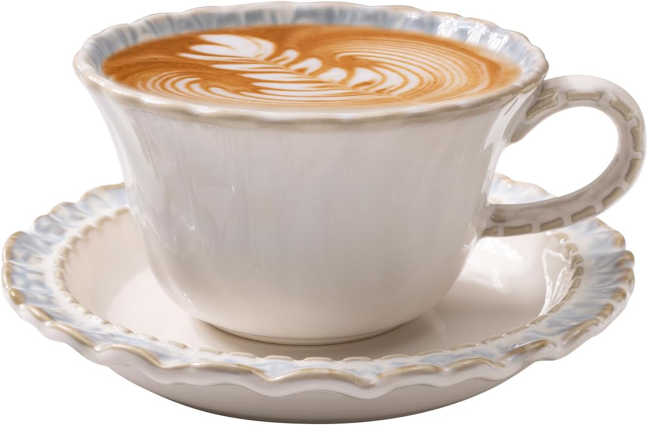 Vintage Porcelain Coffee Cup and Saucer Set, 12 OZ Ceramic Latte Mug - Farmhouse Cappuccino Cups for Espresso and Turkish Coffee, Artisan Tea Cups, Great Barista Gift for Home Cafe