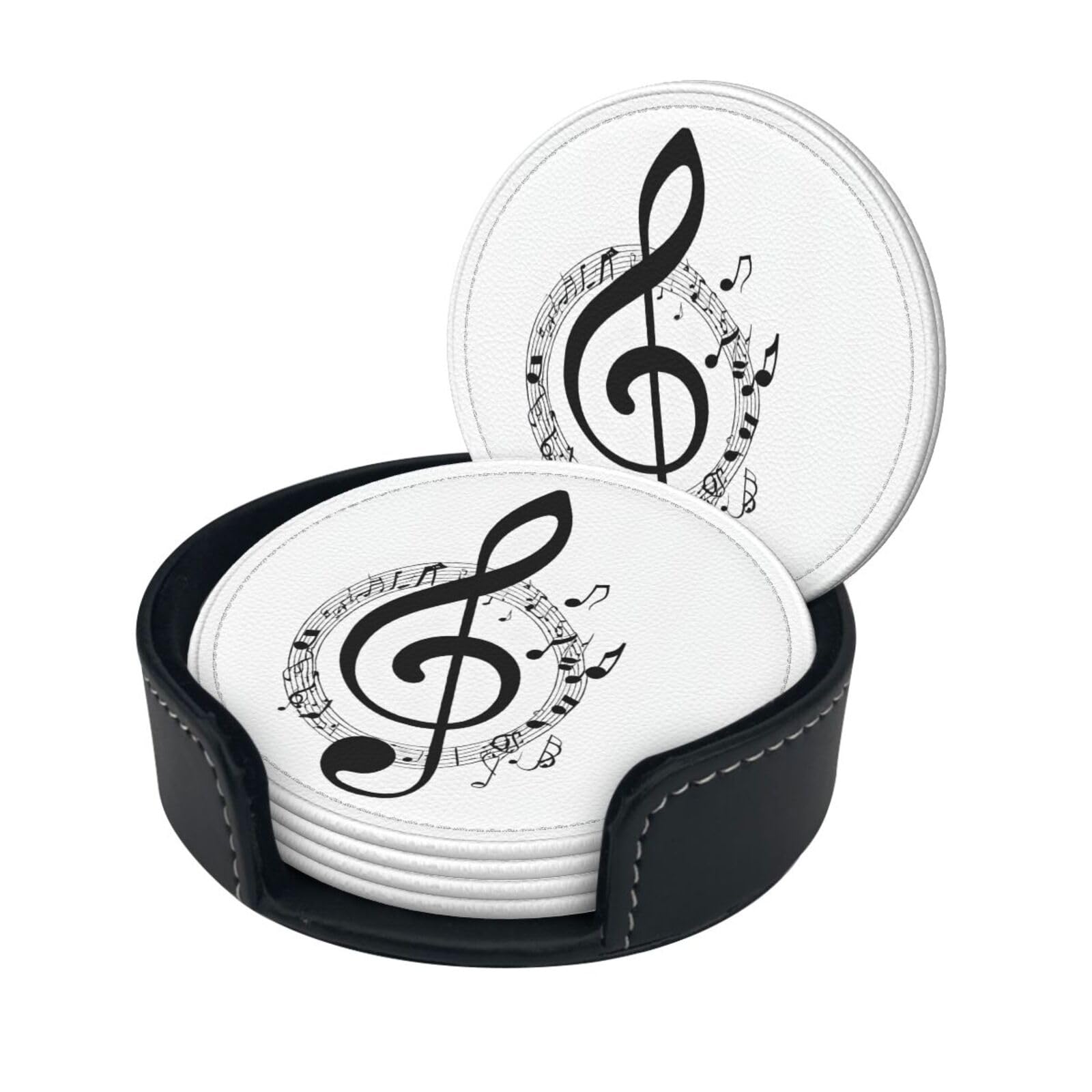 Music Print Print Coaster,Round Leather Coasters with Storage Box for Wine Mugs,Cold Drinks and Cups Tabletop Protection (6 Piece)