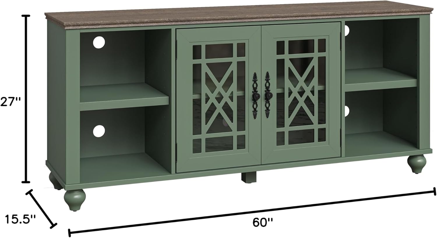 Green Vintage TV Stand with Carved Doors and Oak Legs