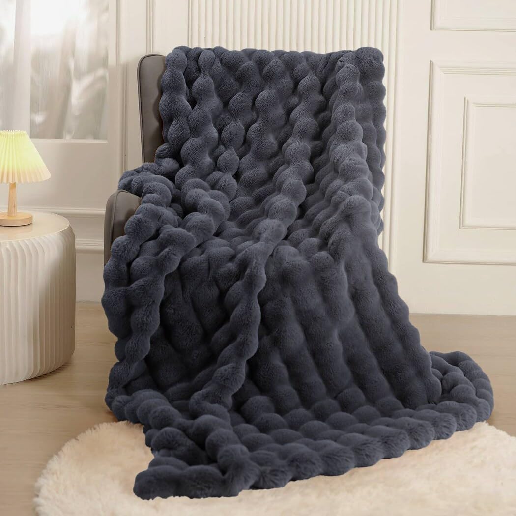 Faux Rabbit Fur Bubble Grey Throw Blanket Heavy Warm Thick Furry Fuzzy Bed Blanket Dark Gray Fluffy Long Shaggy Plush Blanket for Couch Bed Sofa Chair Living Room, 90 x 90 Inches