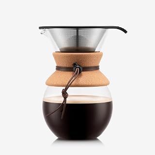 Bodum 34oz Pour Over Coffee Maker - Borosilicate Glass Carafe, Reusable Stainless Steel Filter, Cork Grip, Made in Portugal