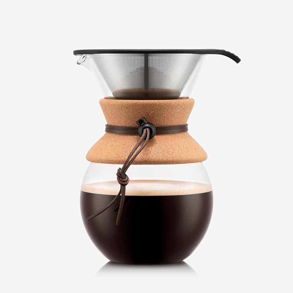 Bodum 34oz Pour Over Coffee Maker, High-Heat Borosilicate Glass with Reusable Stainless Steel Filter and Cork Grip - Made in Portu