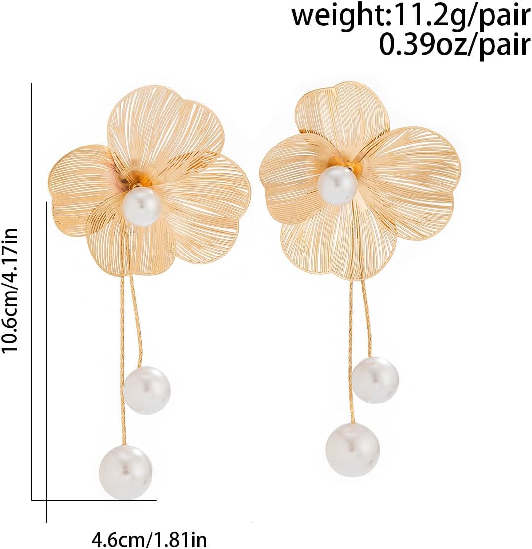 Chunky Gold Flower Earrings for Women,Vintage Exaggeration Ginkgo Leaf Dangle Earrings Statement Pearl Petal Long Earrings Boho Fashion Jewelry - Image 4