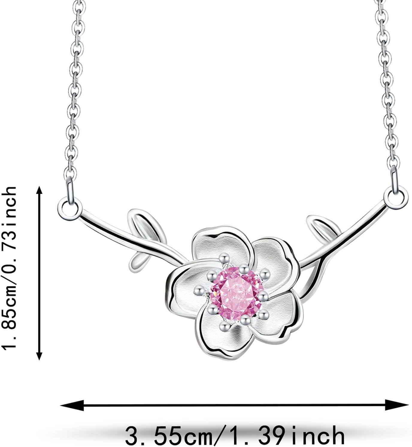 S925 Sterling Silver Cherry Blossom Pendant Necklace for Women Cute Dainty Flower Forest Branch Choker Necklace with Pink Cubic Zirconia Elegant Romantic Sakura Small Fresh Floral Jewelry Gift for Her