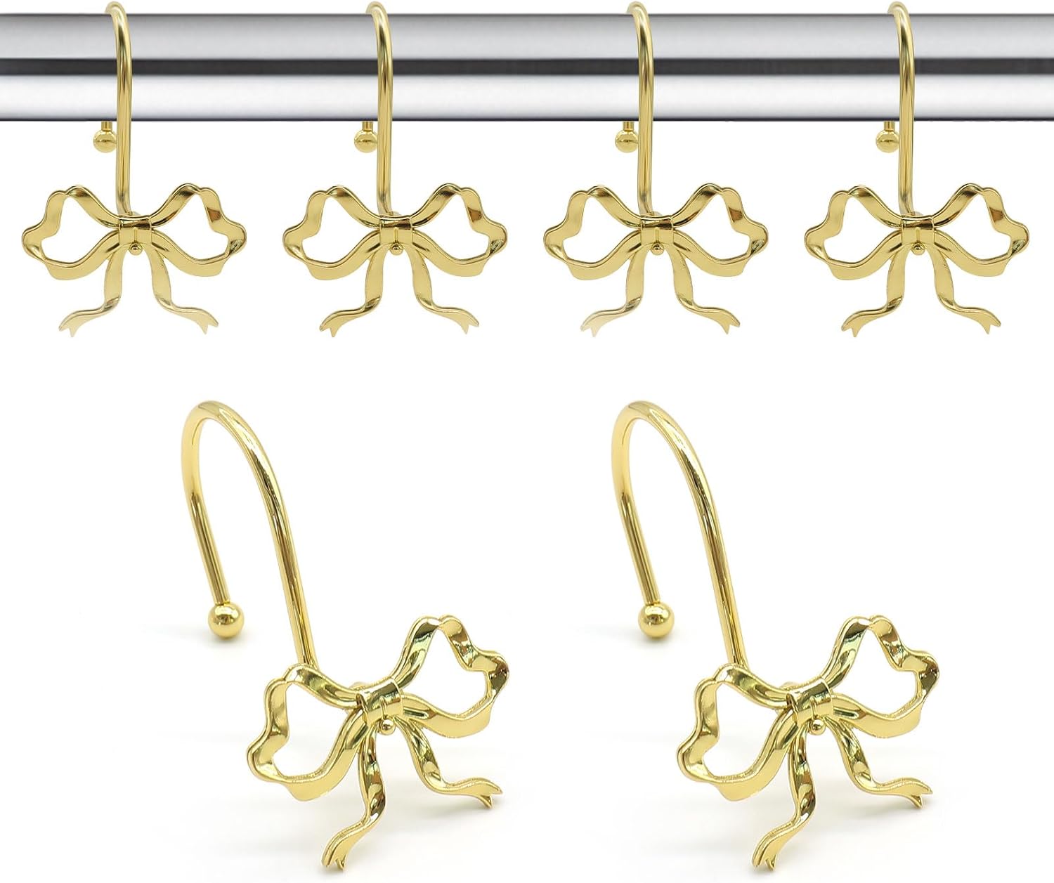 Bow Decorative Shower Curtain Hooks, Fashion Bowknot Shower Curtain Rings, Modern Bow Shower Curtain Hangers, 12PCS Shower Hooks for Shower Curtain, Home Decor, Bathroom, Bedroom, Living Room (Gold)