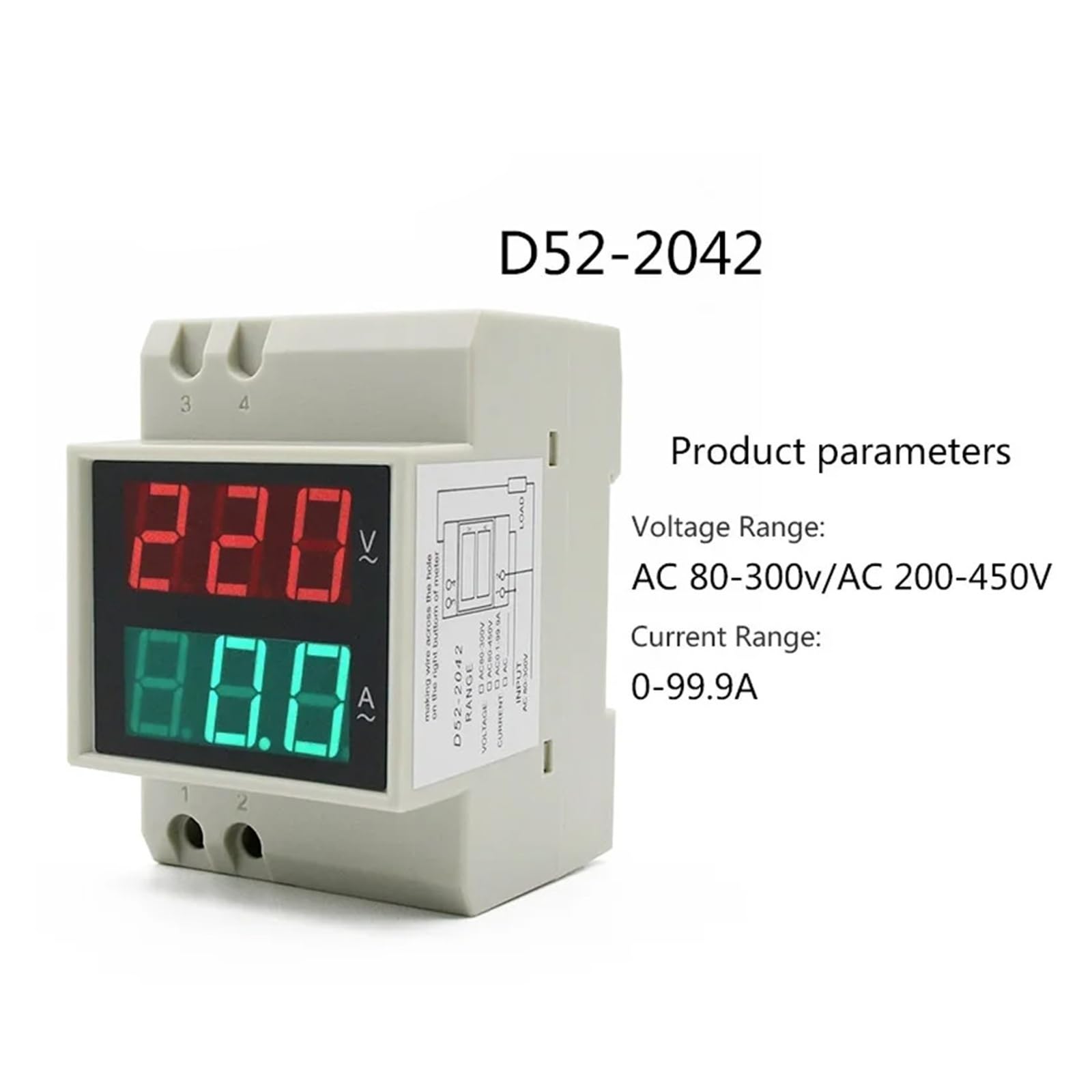 contatore Elettrico Misuratore Multifunzione su Guida DIN AC80-300V AC200-450V 100A Misuratore di energia Digitale Tensione Corrente Fattore di Potenza Attivo Voltmetro(D52-2042,AC 200-450V)