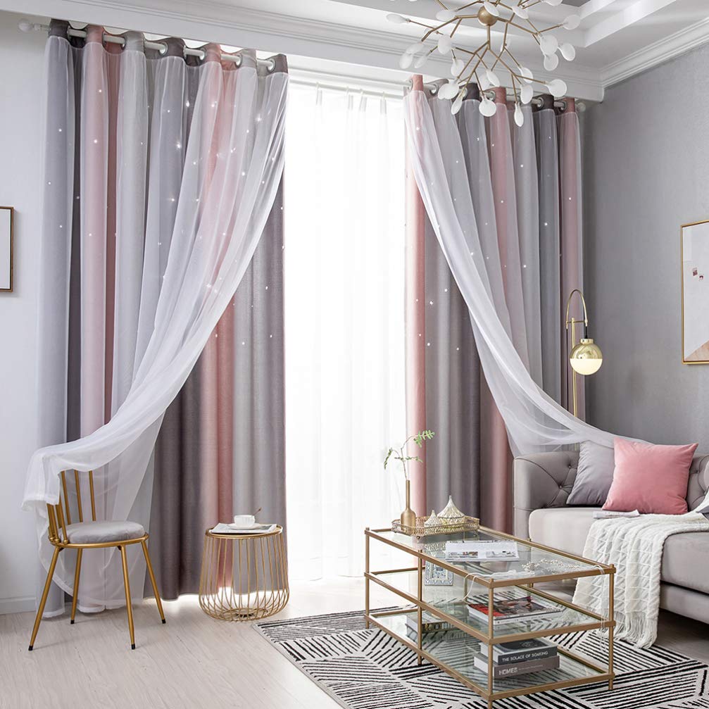NOLITOY 2Pcs Girl Windows Curtains Stripe Double Layer Shade Household Home Decoration Chiffon Insulation Blackout Curtain Thermal Curtain Purple Curtain Gradient Sun Shade Decorate
