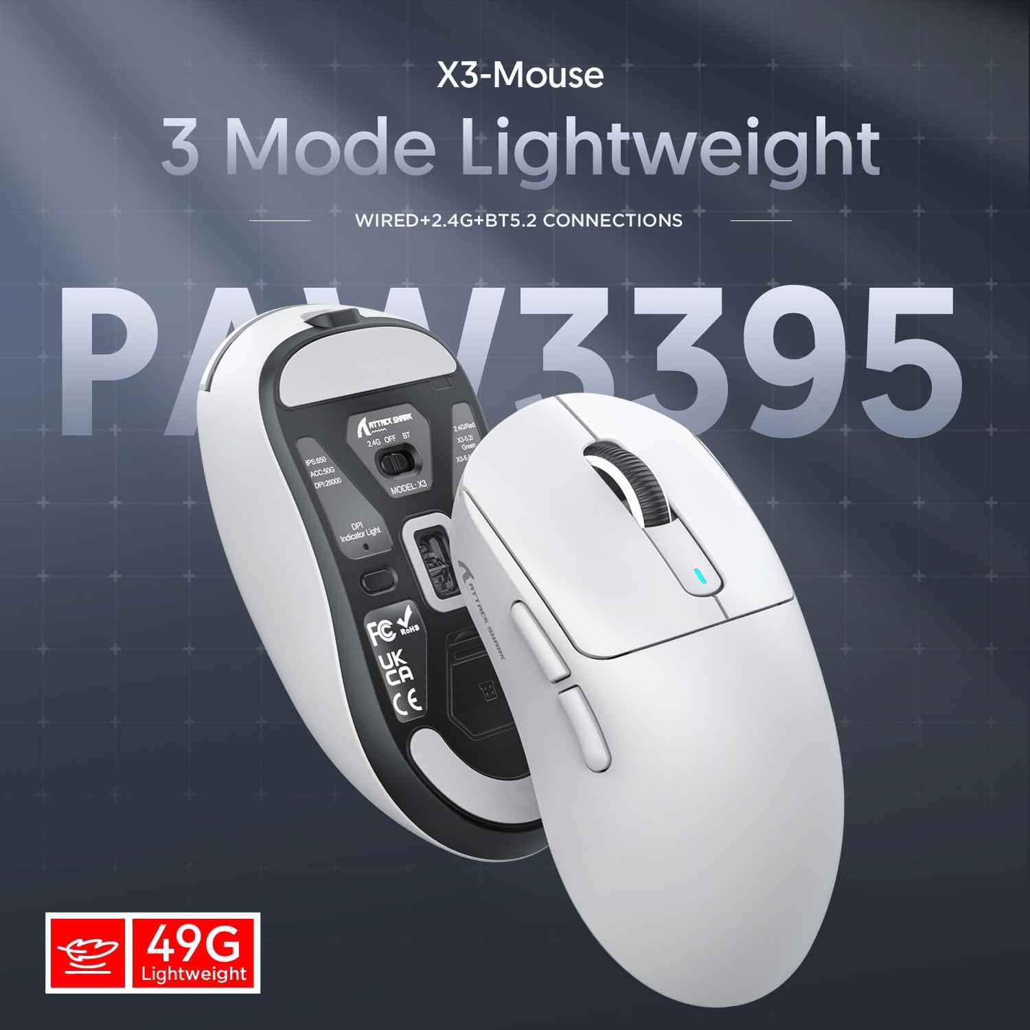 Attack Shark X3 Wireless Gaming Mouse, 49g Ultralight, PixArt PAW3395 26000 DPI, Bluetooth/2.4Ghz /Wired Tri-Mode, 200Hrs Rechargeable Battery, Kailh GM8.0 Switch for PC/MAC/Win - White