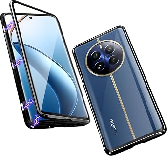 QUIETIP Case Compatible with Realme 12 Pro & 12 Pro+ Plus 5G,Magnetic Body Metal Frame Double Sided Clear Tempered Glass with Camera Protection Cover,Black