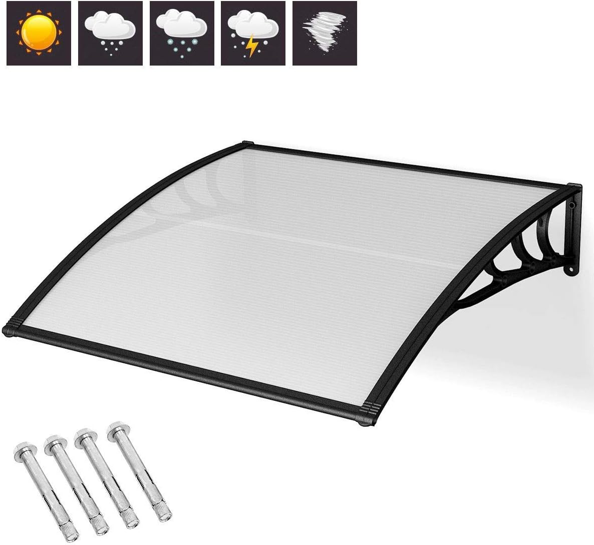 SlickBlue awning components including the polycarbonate panel, support brackets, and mounting bolts, with weather icons indicating all-season protection.