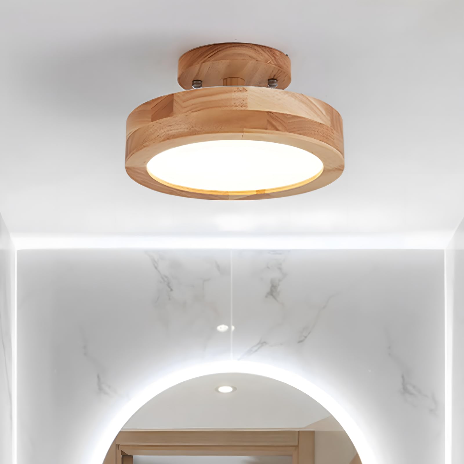 WayLuoung Hölzerne LED Deckenleuchte, Ø23cm Rund Natürlicher Holzkronleuchter, 12W Durch Wandschalter Um Die Farbe Temperatur 3000K / 4500K / 6000K, Schlafzimmer Kinder Zimmer Küche Esszimmer Ändern