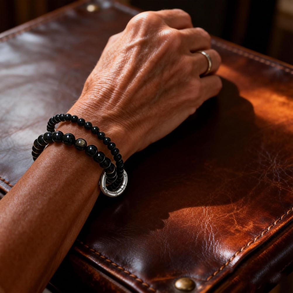 Bracciale in Ossidiana Nera Naturale con distanziatore in Argento Sterling Perline di Cristallo protettive con Accento ad Anello fluttuante, Gioielli Elasticizzati per Uomo e Donna