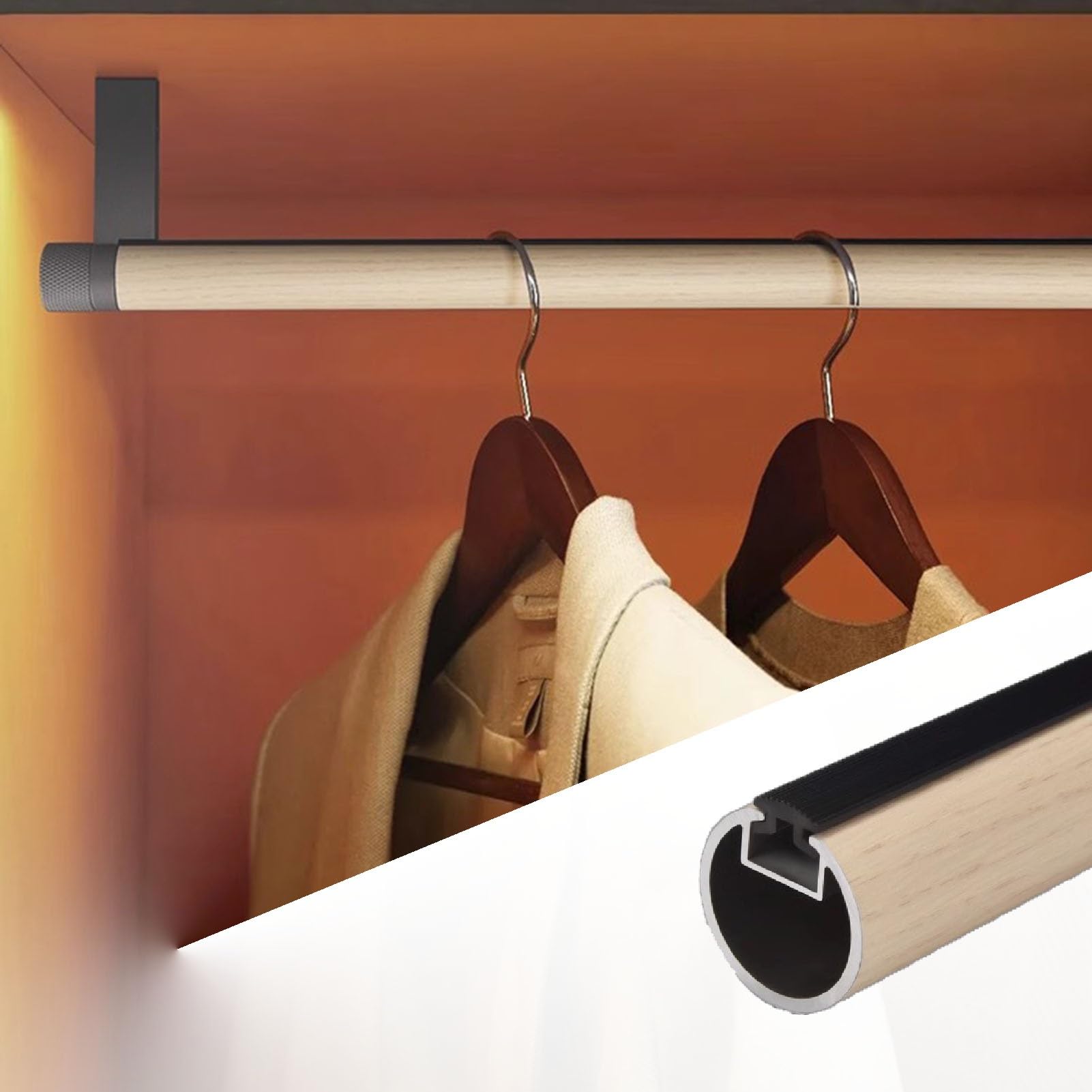 wardrobe rail Round Heavy-Duty Closet Hanging Rod Wood Grain, Wardrobe Clothes Organizer Pole Aluminum Alloy(Color B,110cm(43 1/4 in))