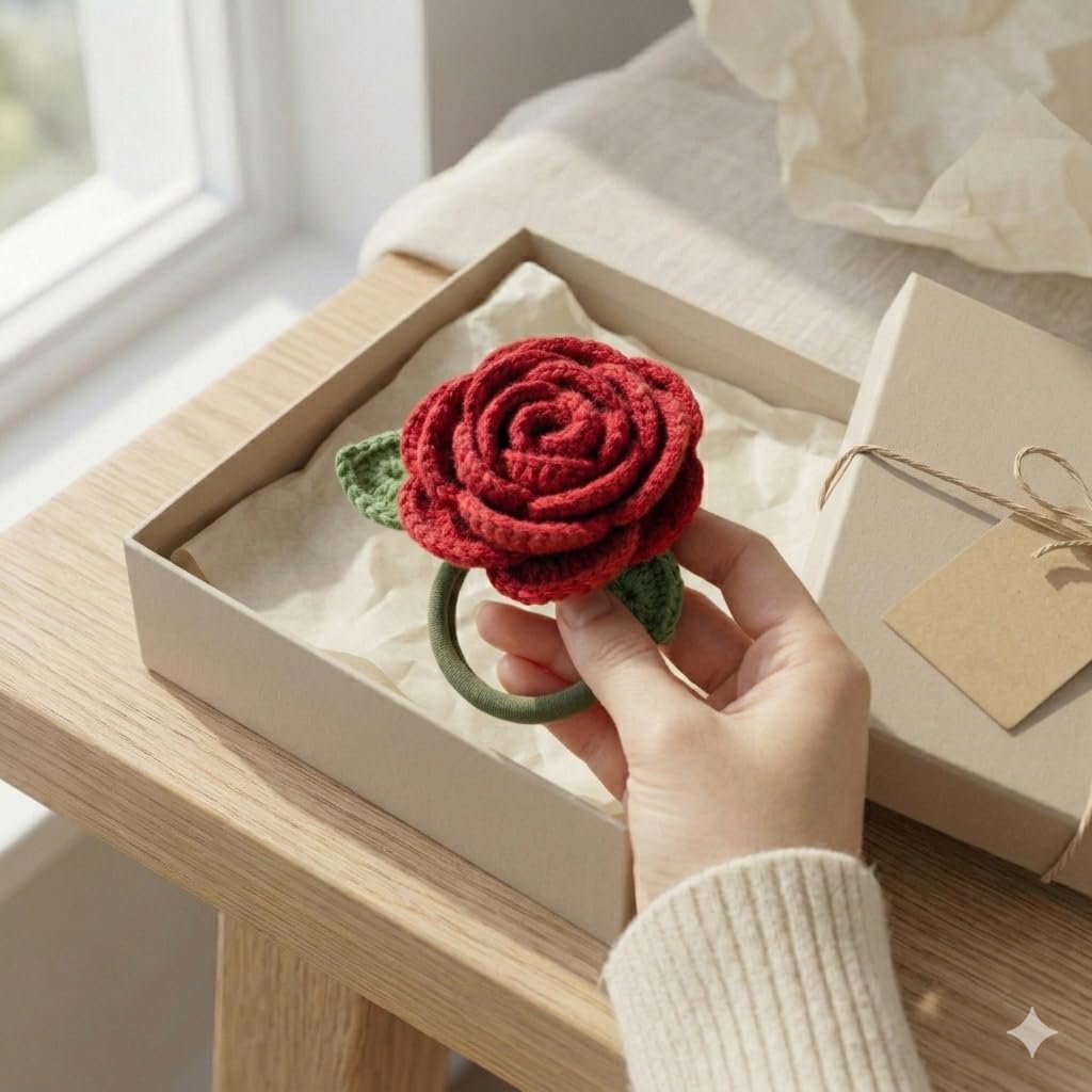 Handmade Crochet Rose Hair Tie for Women & Girls, Floral Elastic Ponytail Holder Scrunchie, Cute Hair Band Accessory for Bun & Ponytail, Aesthetic Gift for Her, Red Rose Hair Tie-image-22