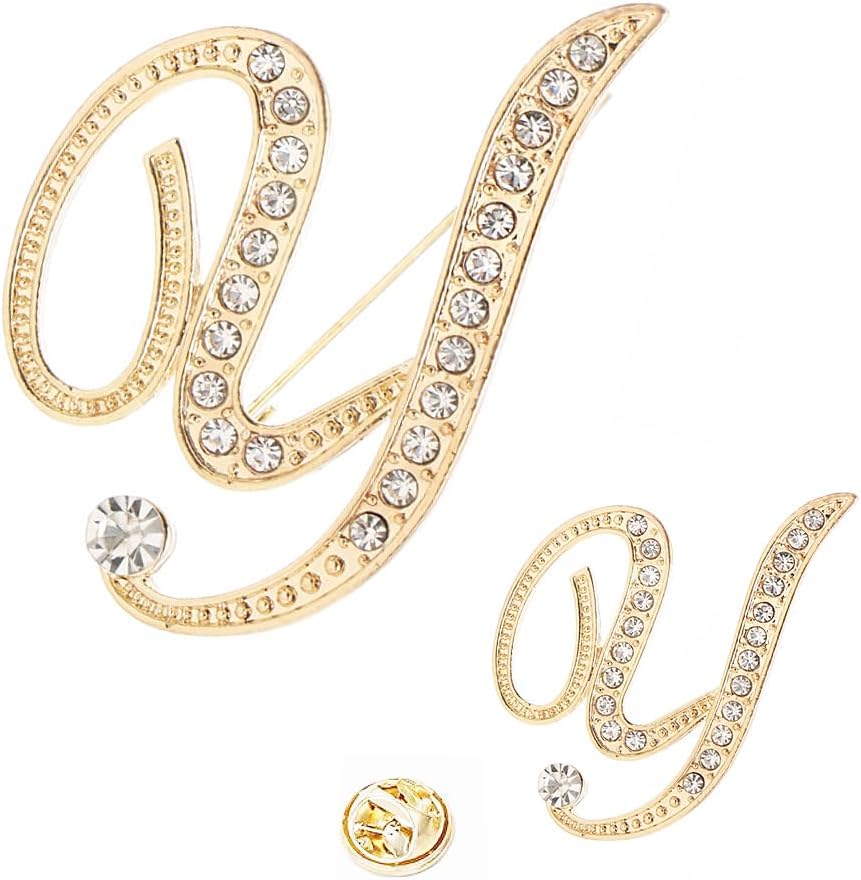 SINNKYA-Z Woman’s 26 Letter Initial Brooch Pins, Gold Clear Crystal Rhinestone Breastpins Letter Stocking Pins for gifts 2size/package
