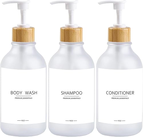 Miniatura 12 de Botellas de champú y acondicionador de plástico esmerilado, dispensador de botica con bomba de bambú, botellas rellenables para loción de ducha,