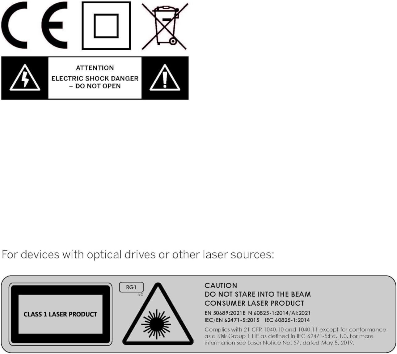 Safety warning symbols including CE mark, WEEE symbol, double insulation symbol, and electric shock danger warning.