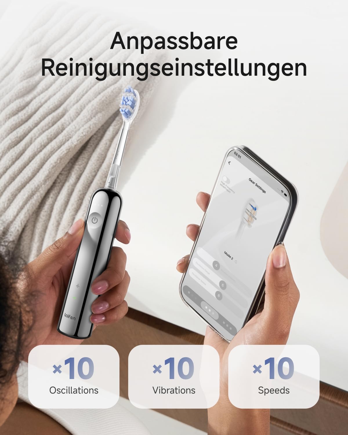 Laifen Wave Pro Elektrische Zahnbürste, 60° WaveMotion, Edelstahl | 13x Plaque-Entfernung, 66.000 Vpm, 70 Tage Akku, smarter Drucksensor, App-Steuerung, 2 Modi, 3 Stufen, IPX8, 2 Pro-Köpfe