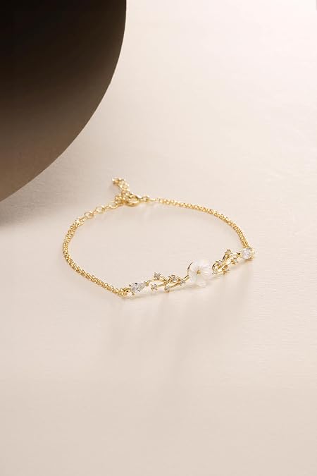 NEREZE 925 Sterling Silver Gold Plated Spring Glitter Magnolia Flower Bracelet