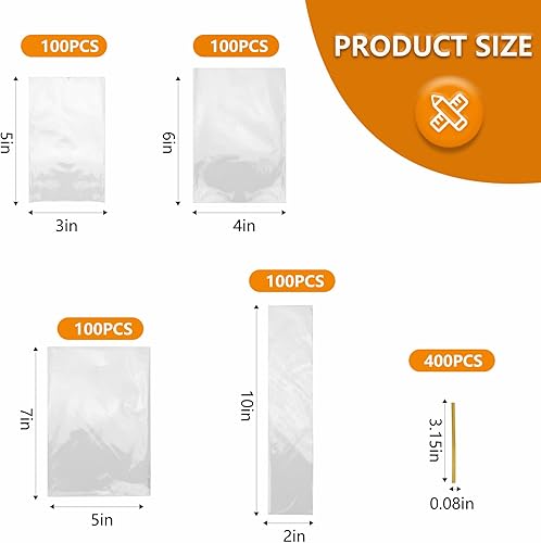 Miniatura 2 de 400 bolsas de celofán plano transparente con 3 x 5 pulgadas, 4 x 6 pulgadas, 5 x 7 pulgadas, 2 x 10 pulgadas, bolsas de golosinas con lazos son