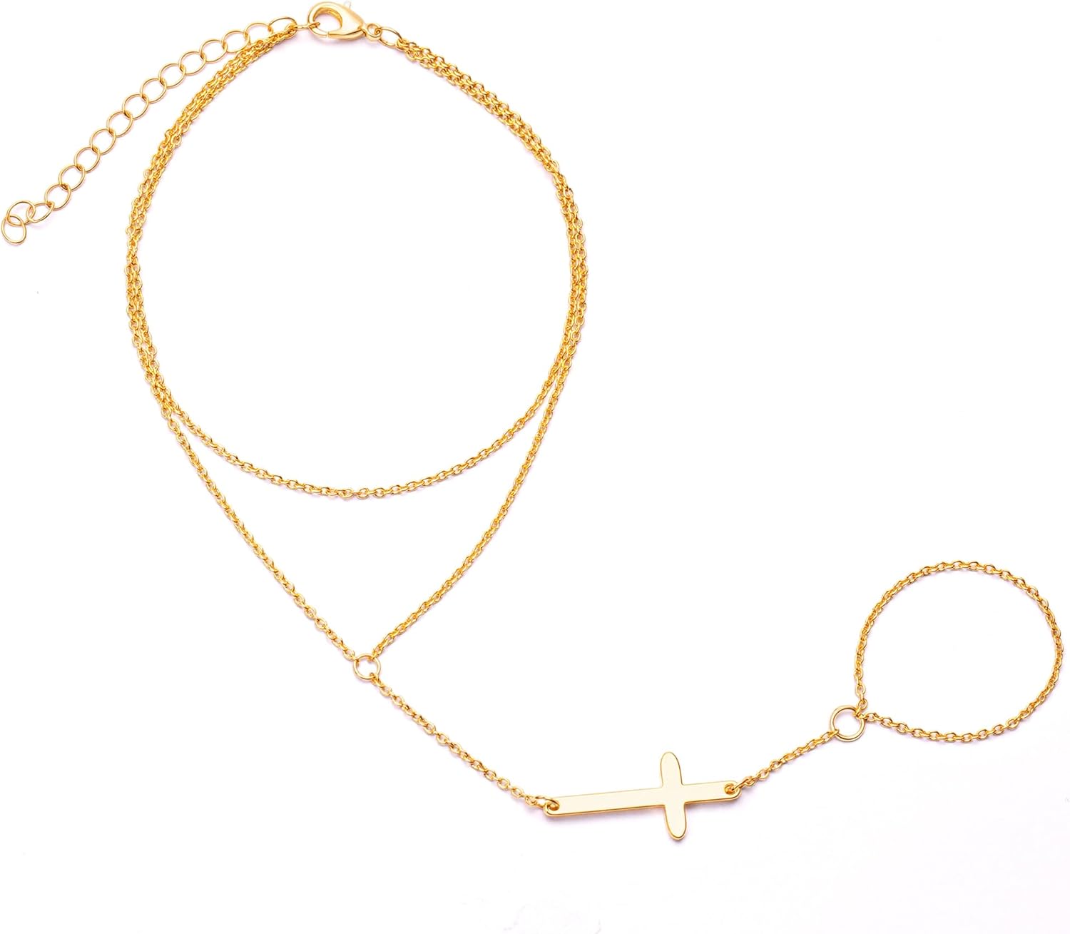 Gold Hand Chain for Women 14K Gold Plated Ring Bracelet Hand Chain with Cross Pendant Gold Cross Hand Jewelry for Daily Wear Gift for Her