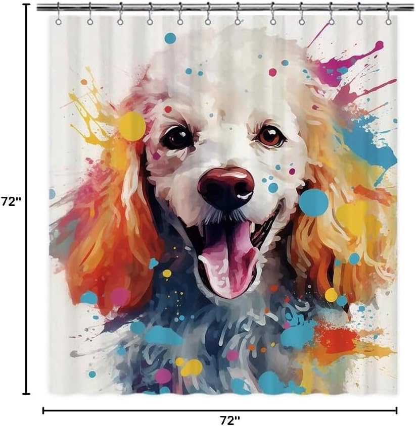 Lovely Poodle Dog Shower Curtain Colorful Painting Dog Puppy Pet Animal Print Bath Curtains for Bathroom Home Decoration with 12 Hooks 72x72 Inch White Style 2