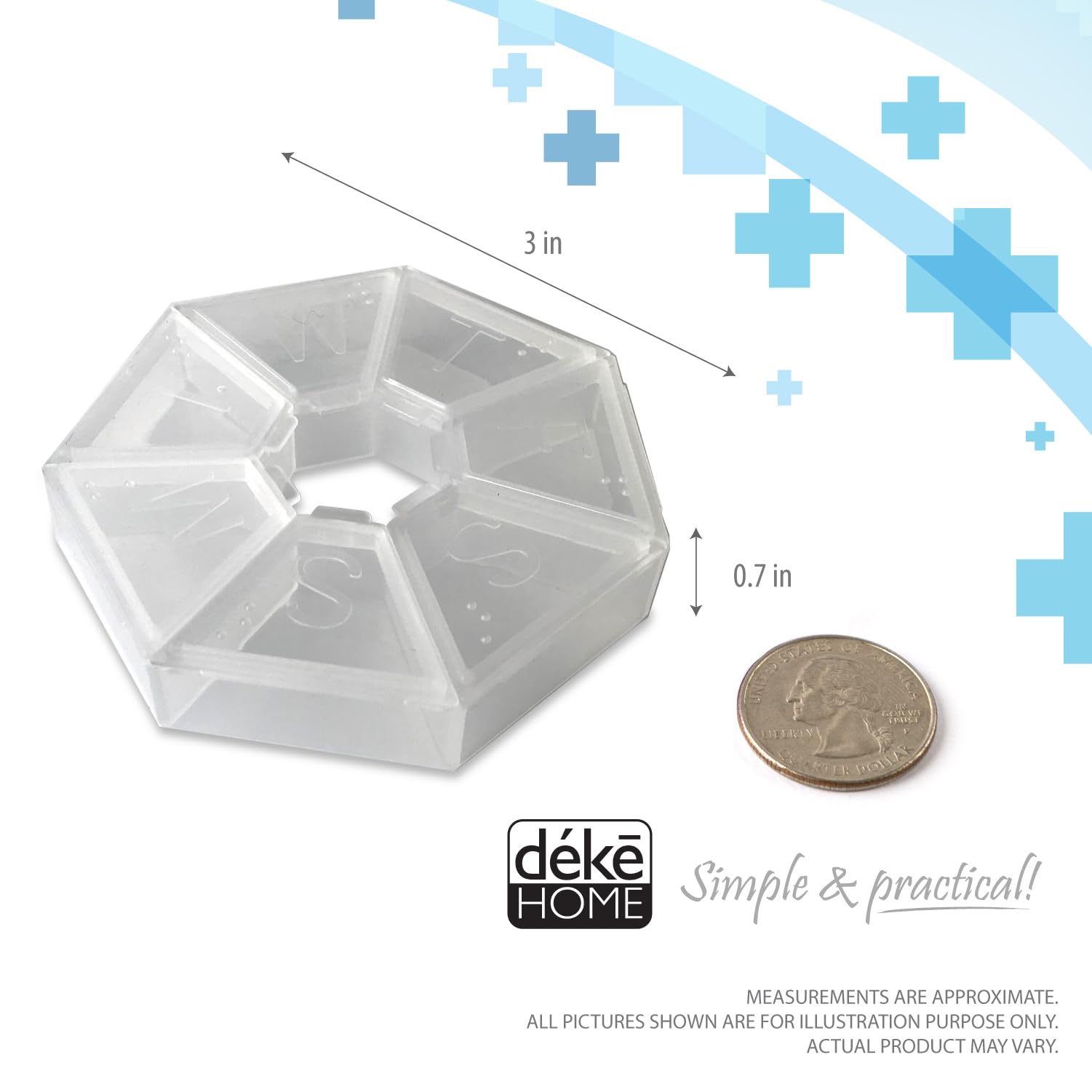 Scatola portapillole portatile a 7 lati per medicinali, piccolo contenitore (sette giorni settimanali) per farmaci, vitamine, contenitore per dispenser, organizer per pillole e promemoria.