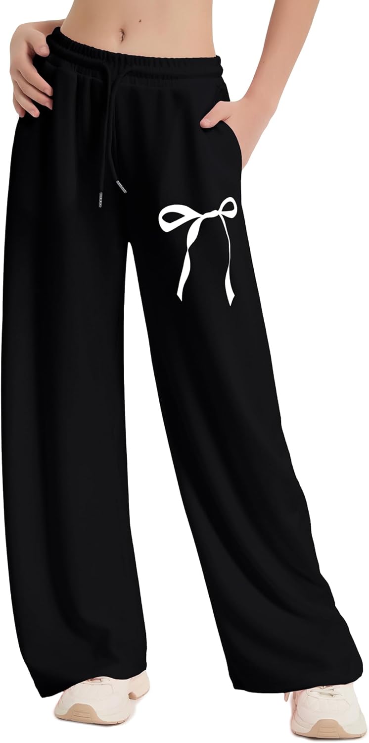 EXARUS Girls Bow Sweatpants Baggy Wide Leg Sweat Pants with Pockets Elastic Waist Mid Rise Teen Casual Cute Kids 8-14Y