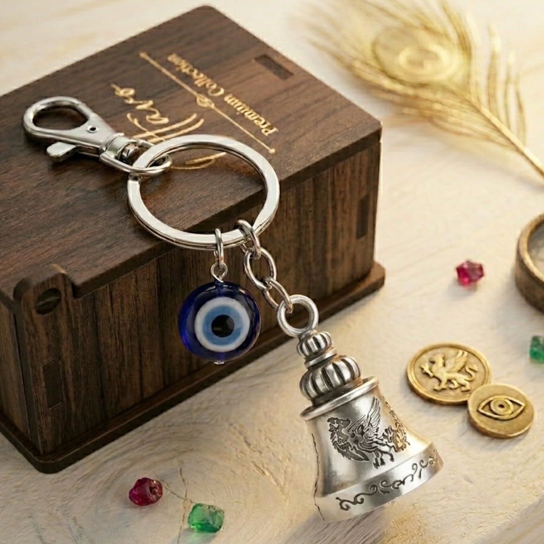 OTTAVO Guardian Bell Keychain for Bike & Car | Tibetan Texture Bell Keychain with Evil Eye & Silver Hook | Good Luck Charm with Laser-Engraved Wooden Gift Box