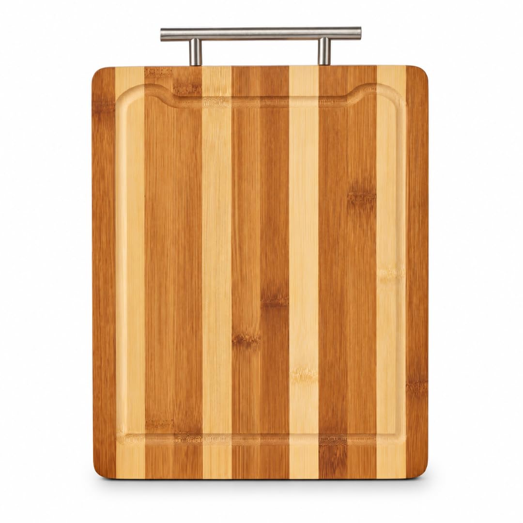 Kitchen Details Stripe Bamboo Cutting Board with Juice Groove and Silver Handle | 14x10 Inch | Heavy Duty Chopping Board | Kitchen Butcher Block| Charcuterie Board