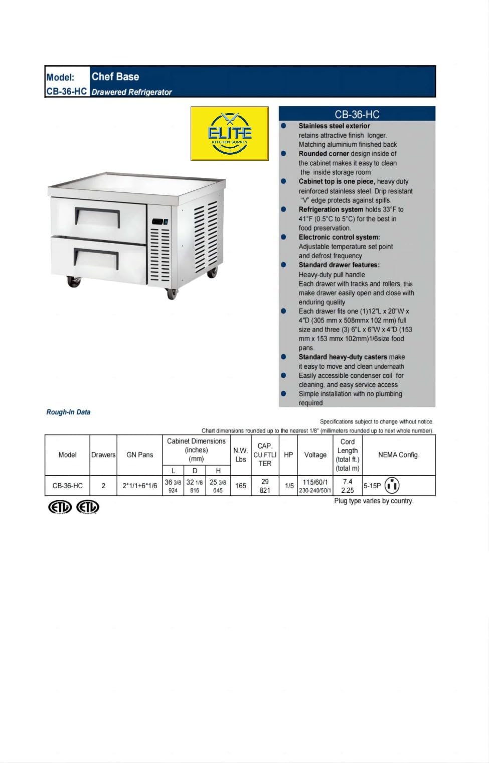 Elite Kitchen Supply Commercial Chef Base Refrigerator, ETL Fridge Cooler, 36
