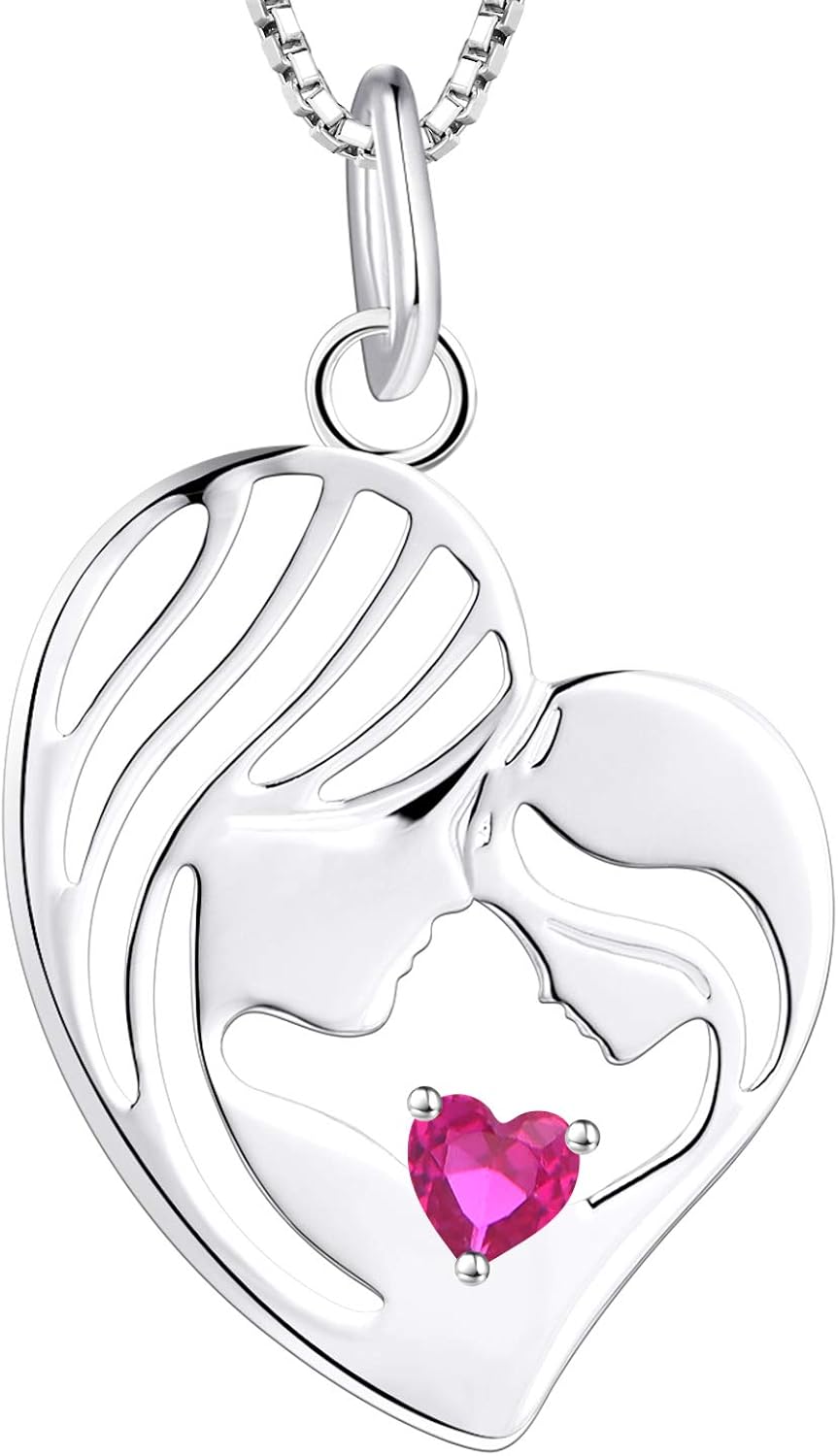 YL Mother and Daughter Necklace 925 Sterling Silver Heart July Birthstone Light Ruby Pendant Necklace Gifts for Mum Women 45-48 CM