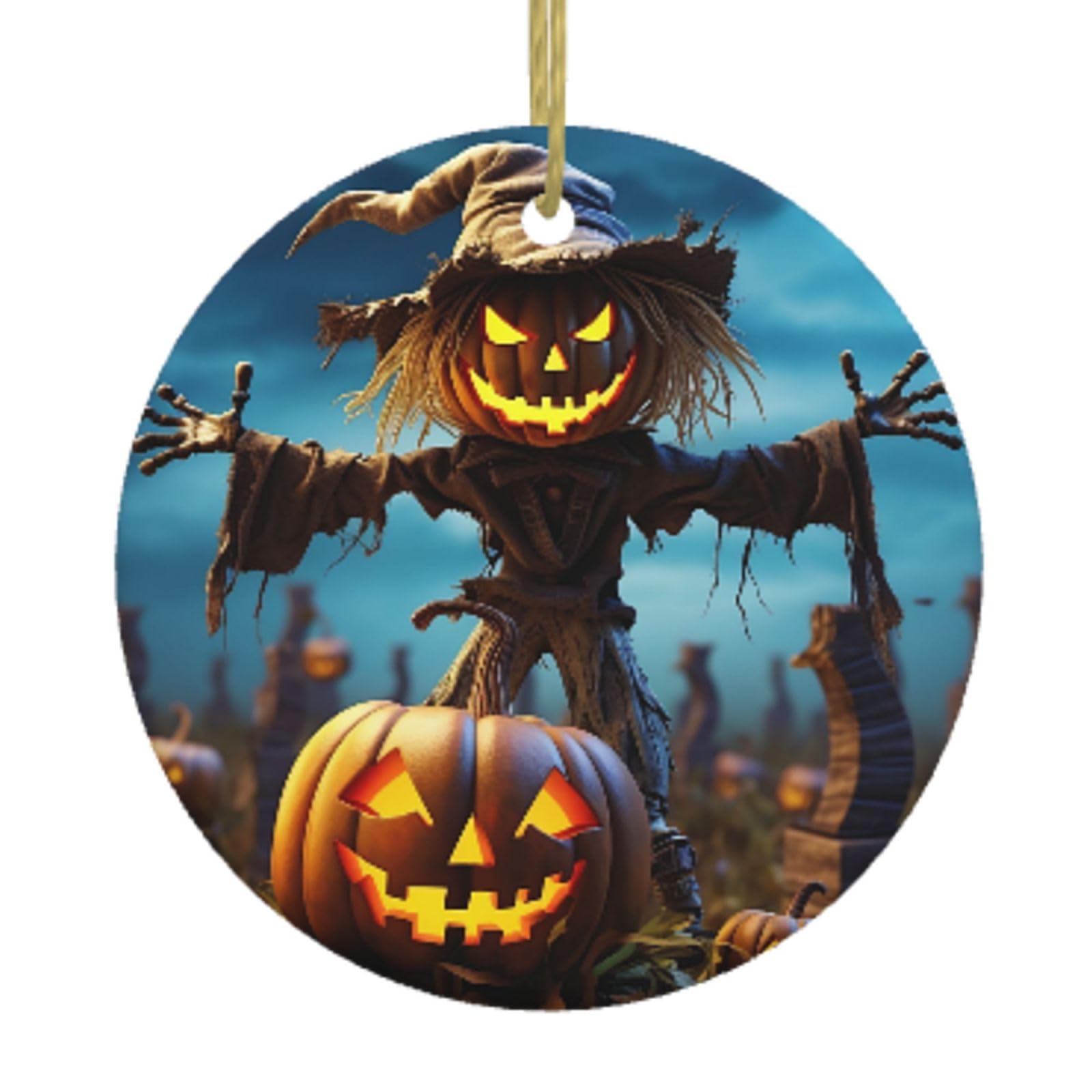 Ceramic Christmas Tree Hanging Ornaments with Gold Ropes Christmas Tree Decorations Round Ceramic Funny Pumpkin Scarecrow Pendant Keepsake Decorations for Holiday Xmas Gift Ideas