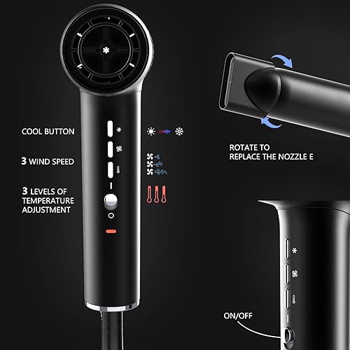 Miniatura 5 de Secador de pelo, secador de pelo iónico profesional sin escobillas con difusor, boquillas magnéticas, 0.83 libras, 2000 W, 60 dB, 3 ajustes de calor