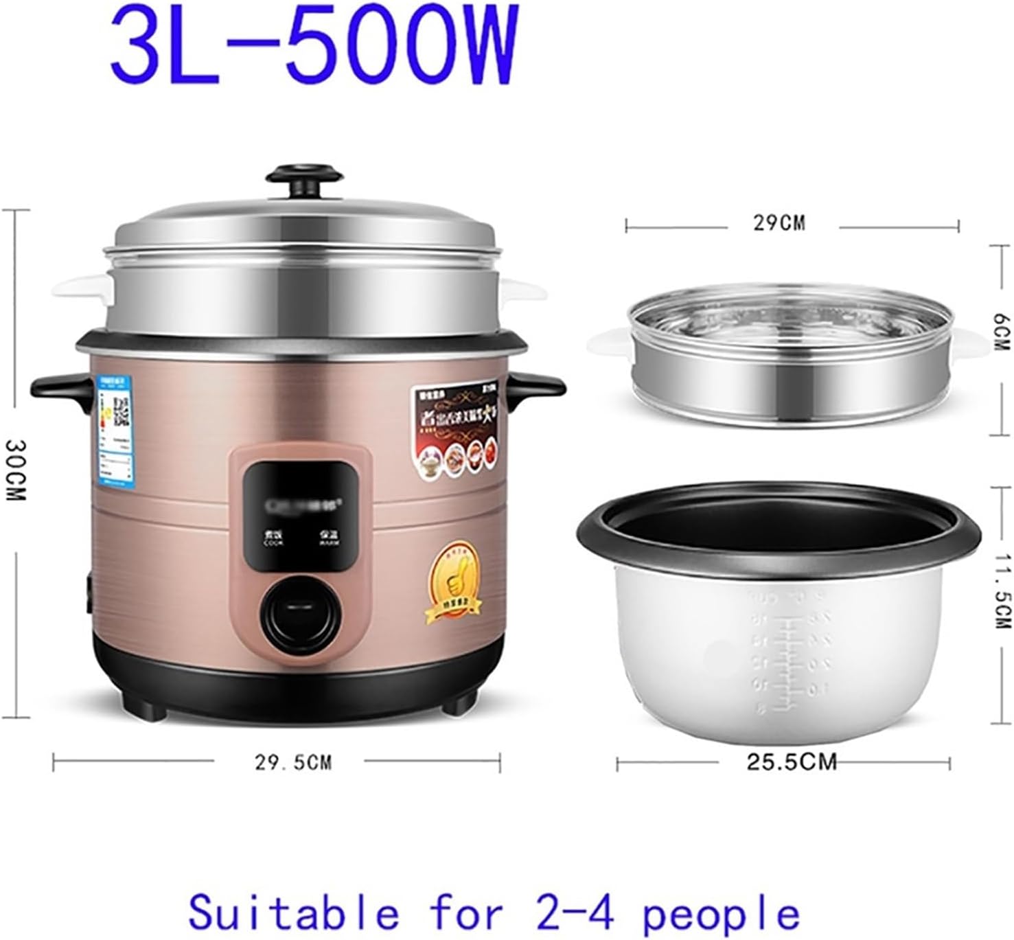 zsh Rice Cooker (2/3/4/5/6L), Intelligent Heat Preservation, Household Multifunctional Non-Stick Cookware, with Steamer, for 1-8 People (Size : 2L-400W)
