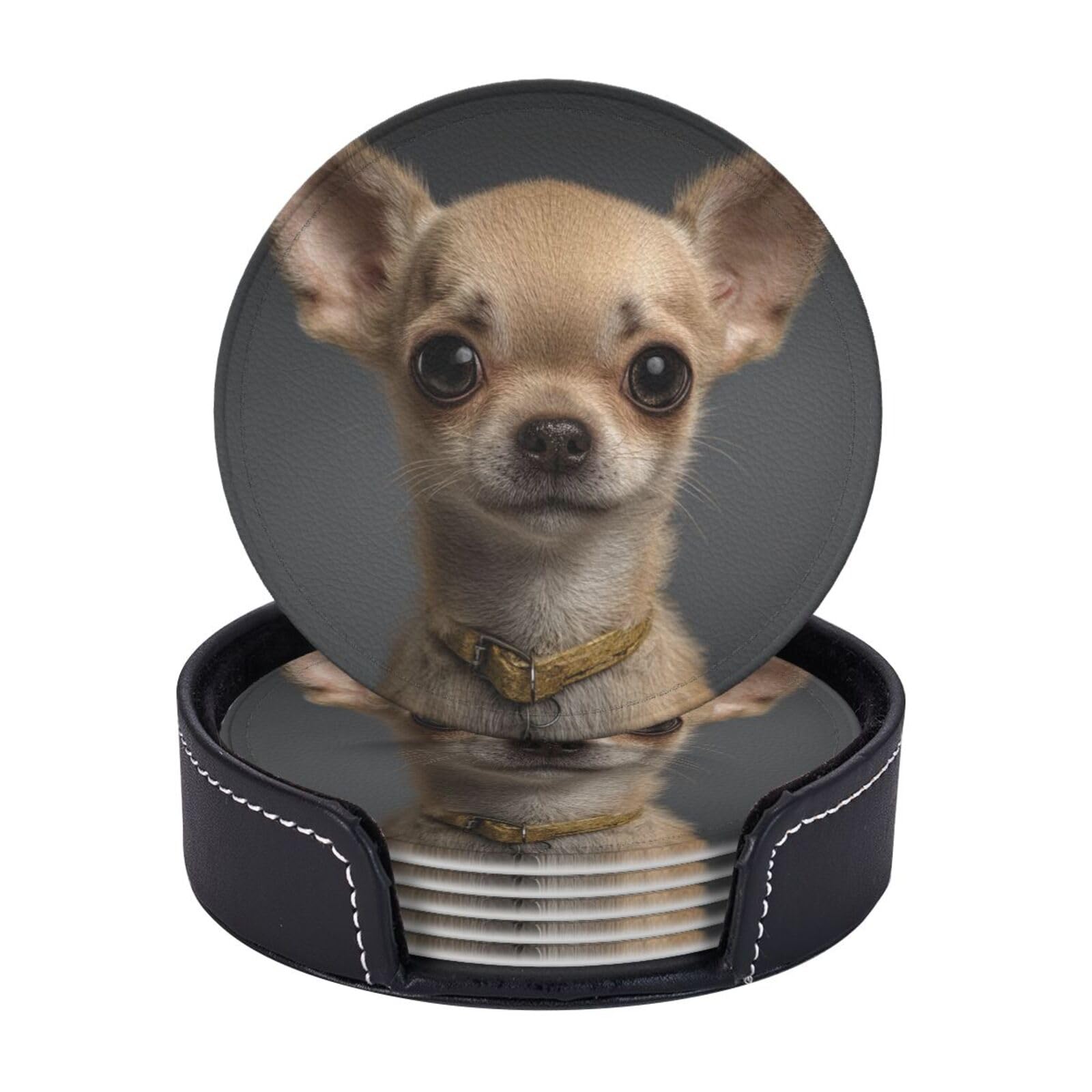 Drink Coasters Set of 6 Coffee Leather Coaster with Holder chihuahua Coasters for Drinks Coffee Cup Mat Heat Resistant Tabletop Protection Coaster Desk Accessorie Home Decorative